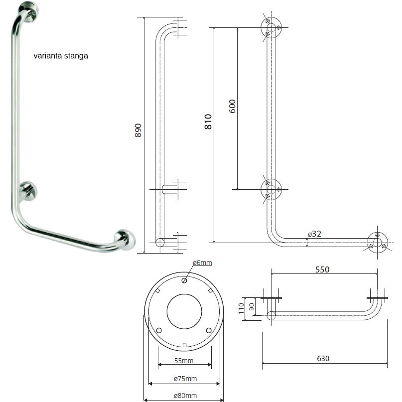 Bemeta Help Bara de sprijin 63 cm, H68 cm, inox