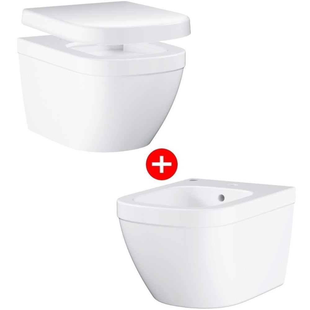 Set Vas WC suspendat cu capac si bideu Grohe Euro Ceramic Rimless 37x54 cm evacuare orizontala
