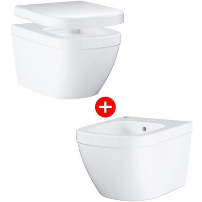 Set Vas WC suspendat cu capac si bideu Grohe Euro Ceramic Rimless 37x54 cm evacuare orizontala