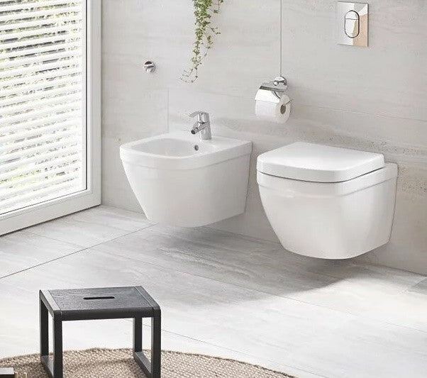 Set Vas WC suspendat cu capac si bideu Grohe Euro Ceramic Rimless 37x54 cm evacuare orizontala