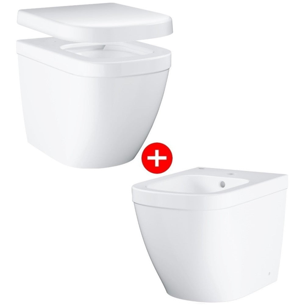 Set Vas WC pe pardoseala cu capac si bideu Grohe Euro Ceramic Rimless 37x54 cm evacuare orizontala sau verticala, lipit de perete