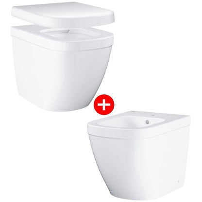 Set Vas WC pe pardoseala cu capac si bideu Grohe Euro Ceramic Rimless 37x54 cm evacuare orizontala sau verticala, lipit de perete