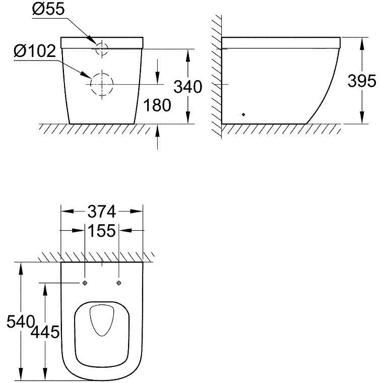 Set Vas WC pe pardoseala cu capac si bideu Grohe Euro Ceramic Rimless 37x54 cm evacuare orizontala sau verticala, lipit de perete