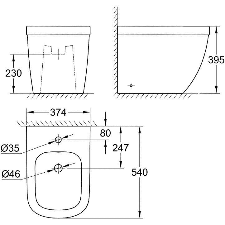 Set Vas WC pe pardoseala cu capac si bideu Grohe Euro Ceramic Rimless 37x54 cm evacuare orizontala sau verticala, lipit de perete