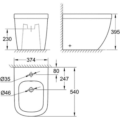 Set Vas WC pe pardoseala cu capac si bideu Grohe Euro Ceramic Rimless 37x54 cm evacuare orizontala sau verticala, lipit de perete