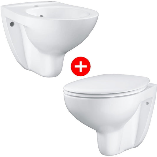 Set Vas WC suspendat cu capac soft close si bideu Grohe Bau Ceramic Rimless 37x53 cm evacuare orizontala