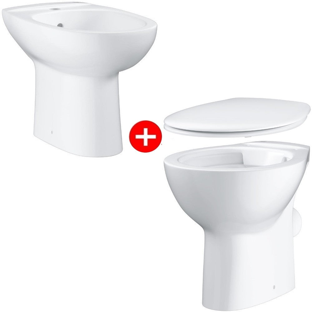Set Vas WC pe pardoseala cu capac si bideu Grohe Bau Ceramic Rimless 36x52 cm evacuare orizontala