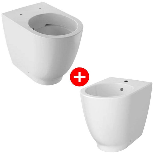 Set Vas WC pe pardoseala cu capac si bideu Geberit Acanto Rimfree 35x51 cm evacuare orizontala sau verticala, lipit de perete