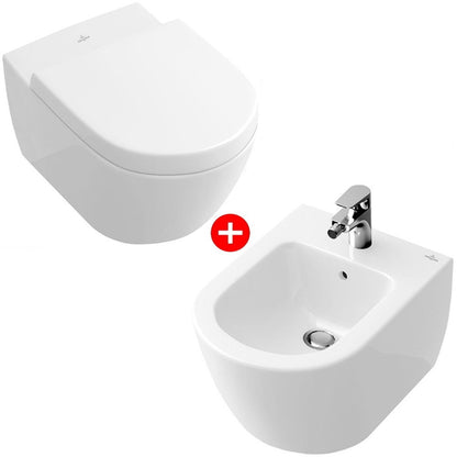 Set Vas WC suspendat cu capac si bideu Villeroy & Boch Subway 2.0 37x56 cm evacuare orizontala, sistem spalare DirectFlush