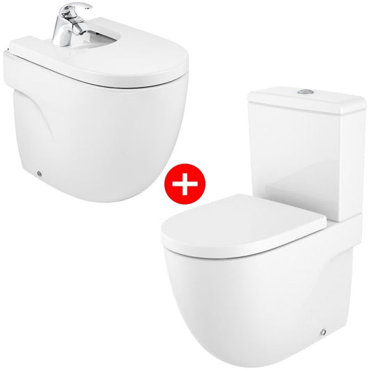 Set Vas WC pe pardoseala cu capac si bideu Roca Meridian Compact Rimless 36x60 cm evacuare orizontala sau verticala, lipit de perete