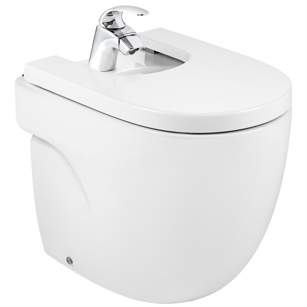 Set Vas WC pe pardoseala cu capac si bideu Roca Meridian Compact Rimless 36x60 cm evacuare orizontala sau verticala, lipit de perete