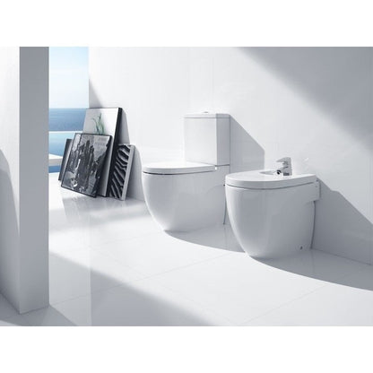 Set Vas WC pe pardoseala cu capac si bideu Roca Meridian Compact Rimless 36x60 cm evacuare orizontala sau verticala, lipit de perete