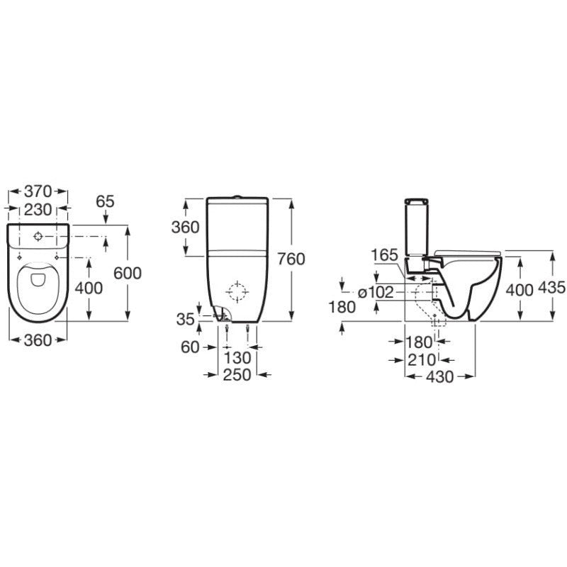 Set Vas WC pe pardoseala cu capac si bideu Roca Meridian Compact Rimless 36x60 cm evacuare orizontala sau verticala, lipit de perete