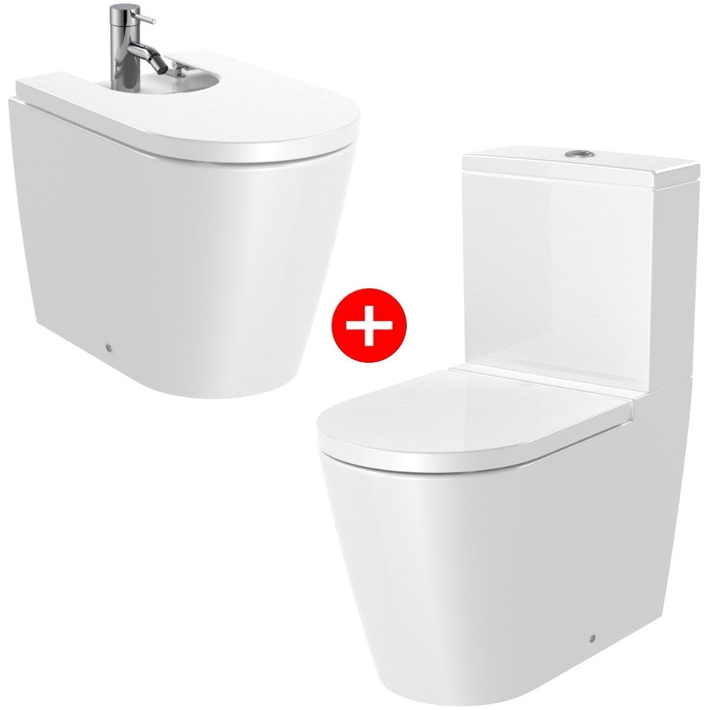 Set Vas WC pe pardoseala cu capac soft close si bideu Roca Inspira Round Rimless 37x65 cm evacuare orizontala sau verticala