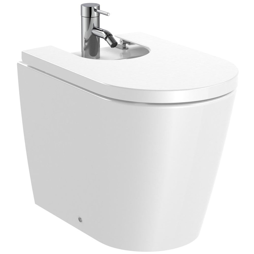 Set Vas WC pe pardoseala cu capac soft close si bideu Roca Inspira Round Rimless 37x65 cm evacuare orizontala sau verticala
