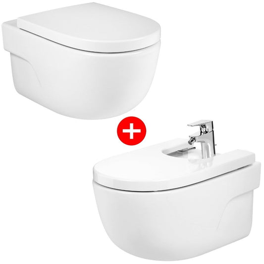 Set Vas WC suspendat cu capac si bideu Roca Meridian Rimless 36x56 cm evacuare orizontala