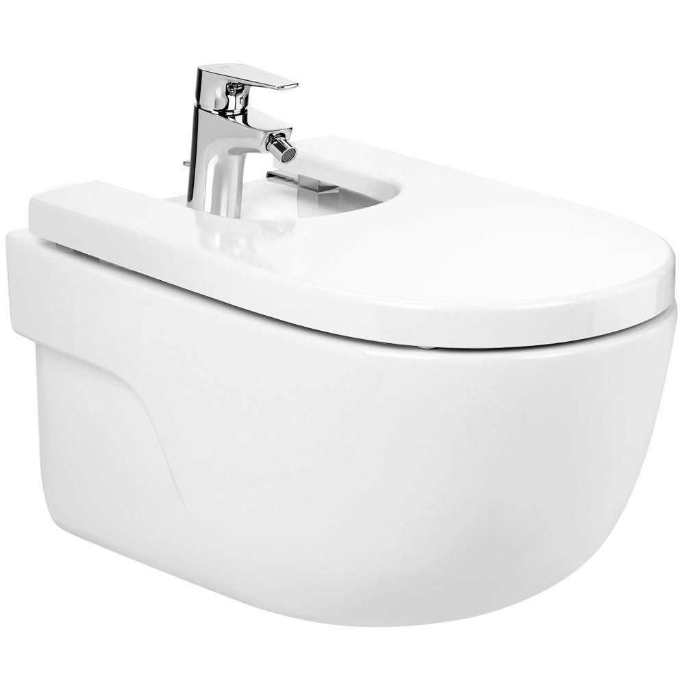 Set Vas WC suspendat cu capac si bideu Roca Meridian Rimless 36x56 cm evacuare orizontala