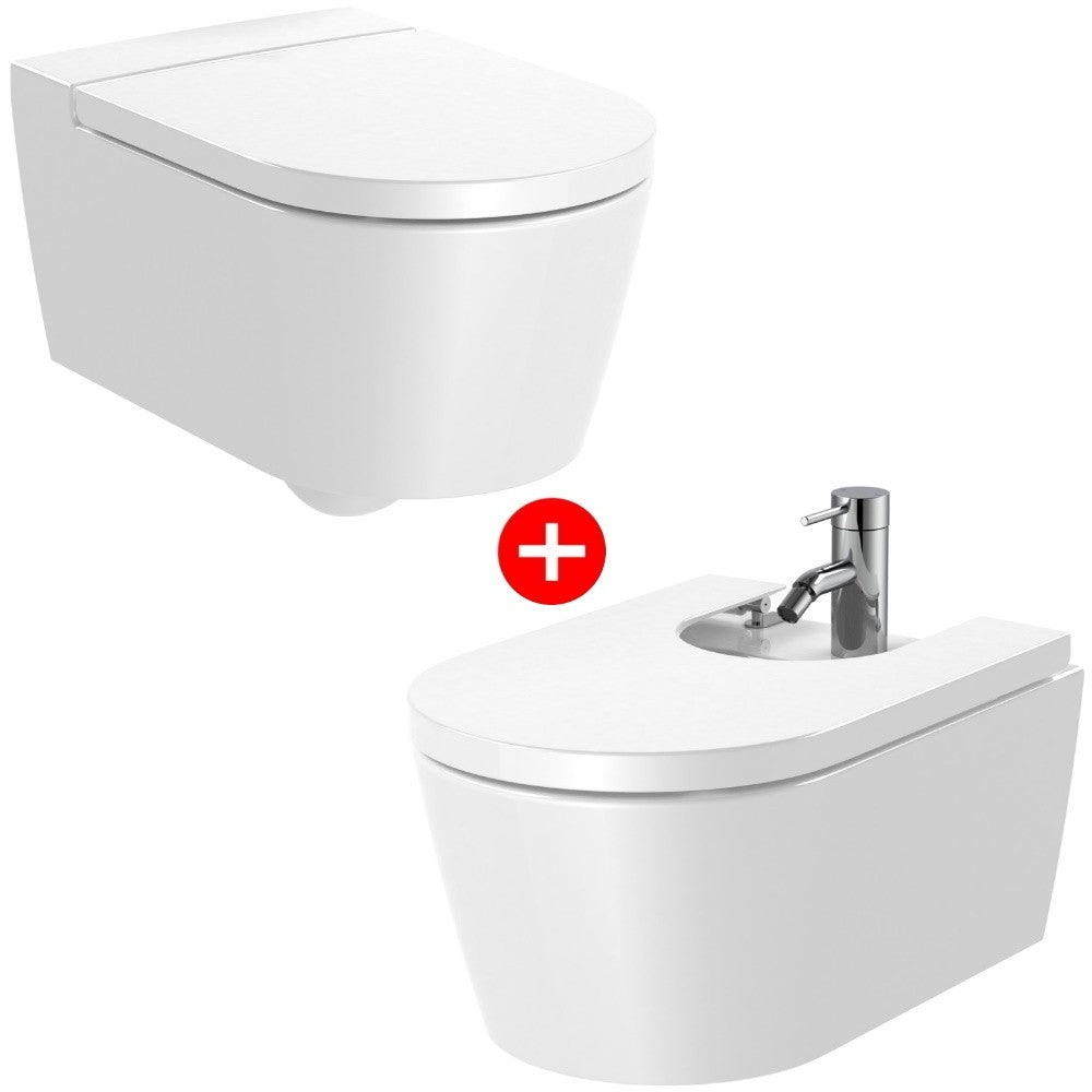 Set Vas WC suspendat cu capac soft close si bideu Roca Inspira Round Rimless 37x56 cm evacuare orizontala