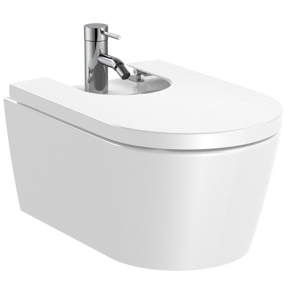 Set Vas WC suspendat cu capac soft close si bideu Roca Inspira Round Rimless 37x56 cm evacuare orizontala