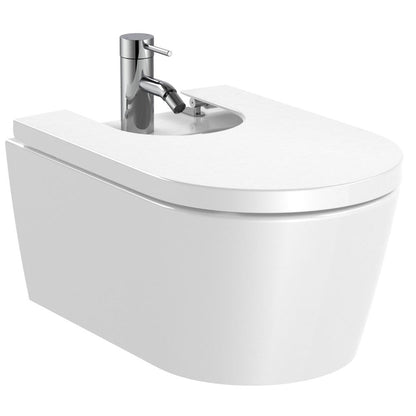 Set Vas WC suspendat cu capac soft close si bideu Roca Inspira Round Rimless 37x56 cm evacuare orizontala