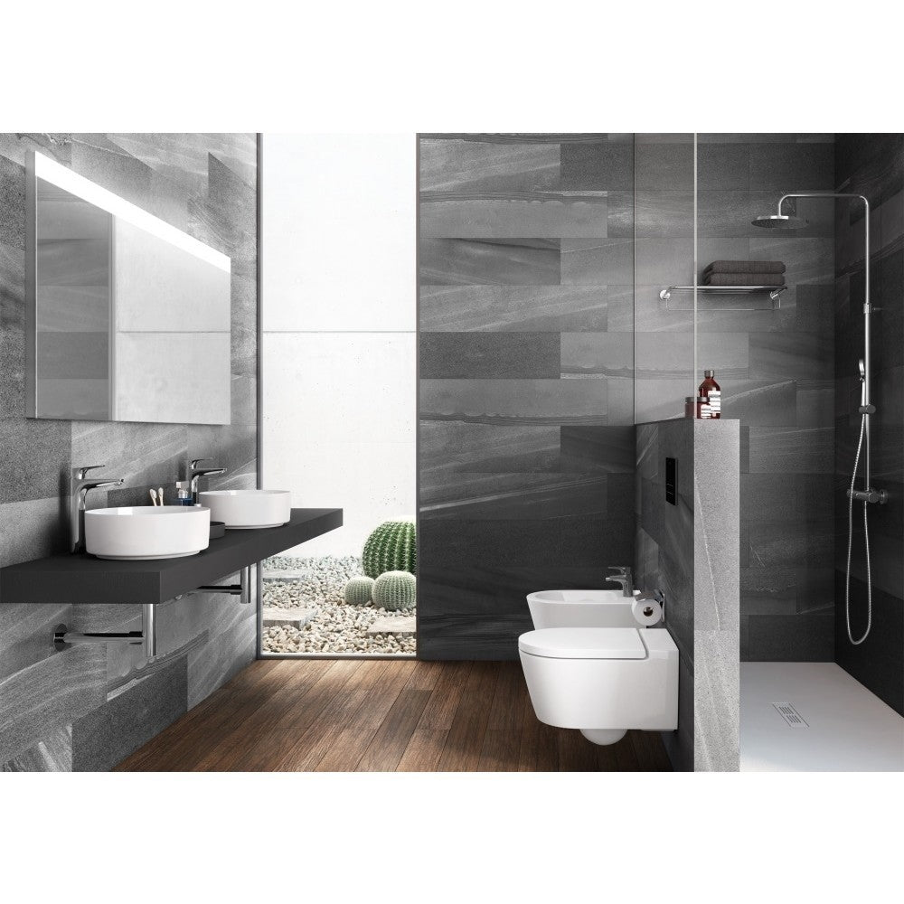 Set Vas WC suspendat cu capac soft close si bideu Roca Inspira Round Rimless 37x56 cm evacuare orizontala