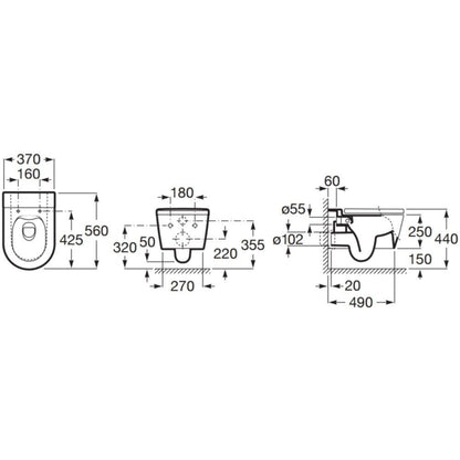 Set Vas WC suspendat cu capac soft close si bideu Roca Inspira Round Rimless 37x56 cm evacuare orizontala
