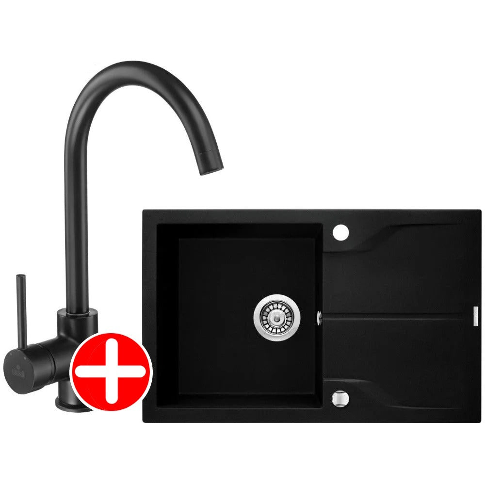 Deante Andante Flush Set chiuveta bucatarie granit 60x49 cm, negru si baterie monocomanda Deante Milin negru