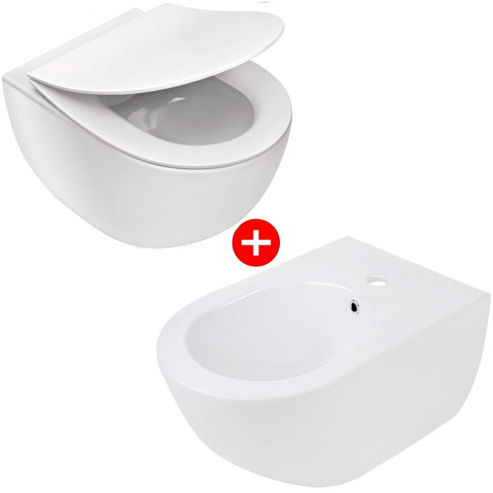 Set Vas WC suspendat cu capac soft close si bideu Deante Peonia Rimless 36x51 cm evacuare orizontala, alb