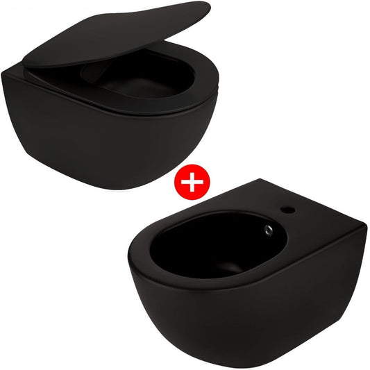 Set Vas WC suspendat cu capac soft close si bideu Deante Peonia Rimless 36x51 cm evacuare orizontala, negru