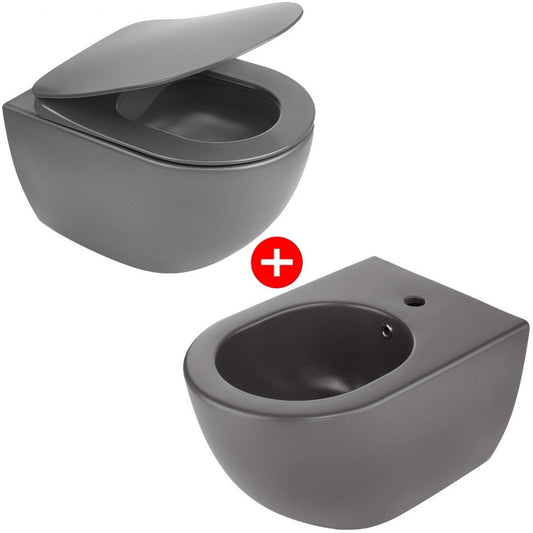 Set Vas WC suspendat cu capac soft close si bideu Deante Peonia Rimless 36x51 cm evacuare orizontala, antracit