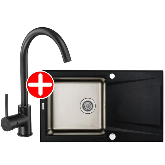 Deante Prime Set chiuveta bucatarie granit 86x50 cm, negru/crom si baterie monocomanda Deante Milin negru