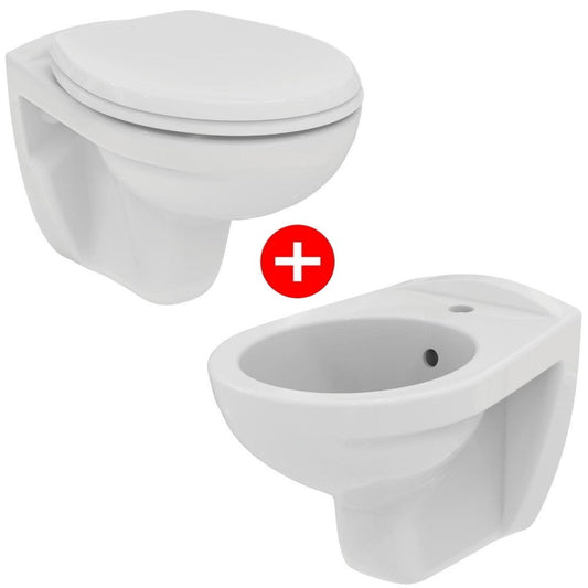 Set Vas WC suspendat cu capac si bideu Ideal Standard Eurovit Rimless 36x52 cm evacuare orizontala
