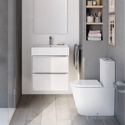 Set Vas WC pe pardoseala cu rezervor aparent si capac soft close Roca Inspira Round Rimless 37x65 cm evacuare orizontala sau verticala, alb
