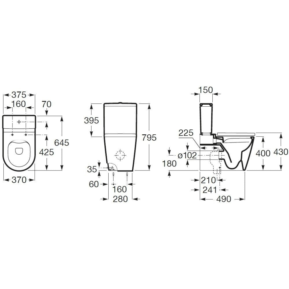 Set Vas WC pe pardoseala cu rezervor aparent si capac soft close Roca Inspira Round Rimless 37x65 cm evacuare orizontala sau verticala, alb