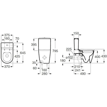 Set Vas WC pe pardoseala cu rezervor aparent si capac soft close Roca Inspira Round Rimless 37x65 cm evacuare orizontala sau verticala, alb