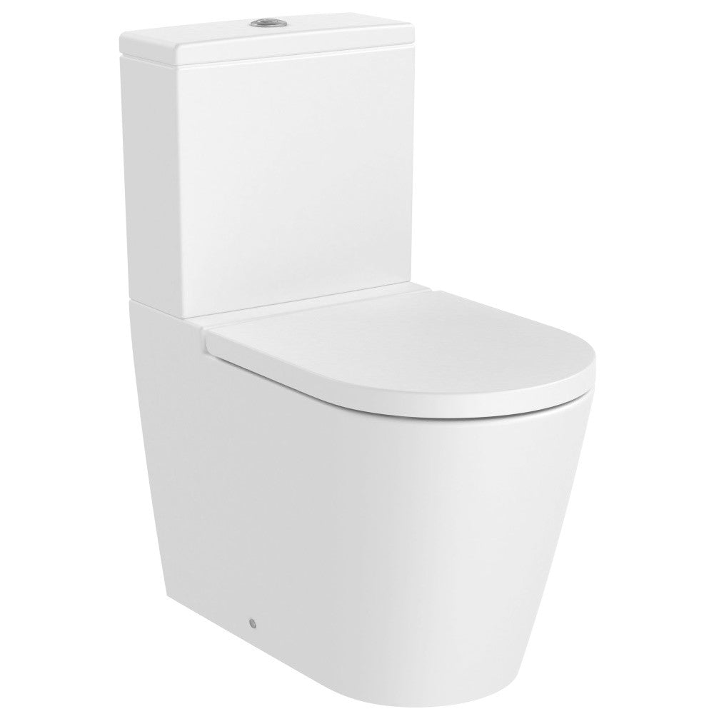 Set Vas WC pe pardoseala cu rezervor aparent si capac soft close Roca Inspira Round Rimless 37x65 cm evacuare orizontala sau verticala, alb mat