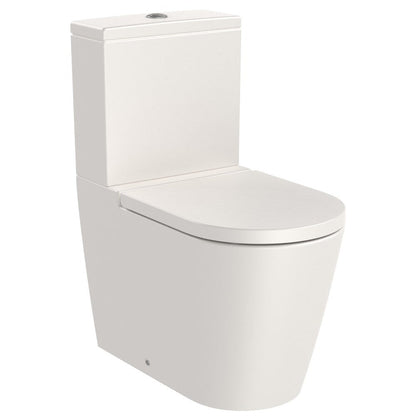 Set Vas WC pe pardoseala cu rezervor aparent si capac soft close Roca Inspira Round Rimless 37x65 cm evacuare orizontala sau verticala, bej