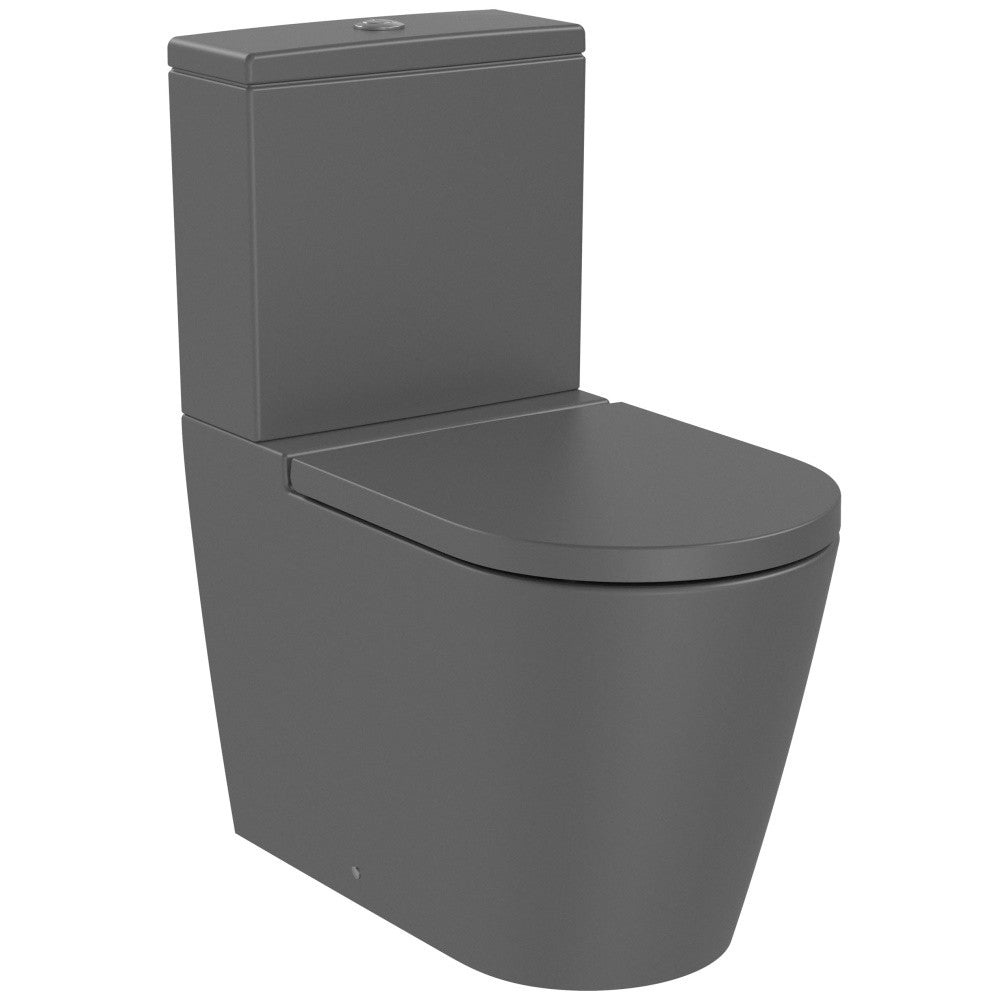 Set Vas WC pe pardoseala cu rezervor aparent si capac soft close Roca Inspira Round Rimless 37x65 cm evacuare orizontala sau verticala, antracit (onyx)