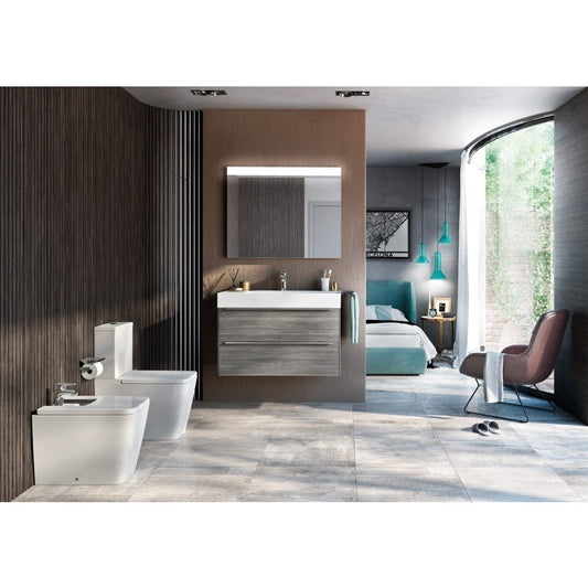 Set Vas WC pe pardoseala cu rezervor aparent si capac soft close Roca Inspira Square Rimless 36x65 cm evacuare orizontala sau verticala, alb