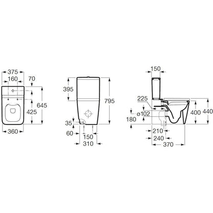 Set Vas WC pe pardoseala cu rezervor aparent si capac soft close Roca Inspira Square Rimless 36x65 cm evacuare orizontala sau verticala, alb