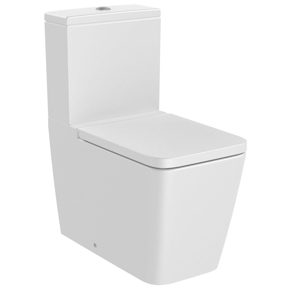 Set Vas WC pe pardoseala cu rezervor aparent si capac soft close Roca Inspira Square Rimless 36x65 cm evacuare orizontala sau verticala, alb mat