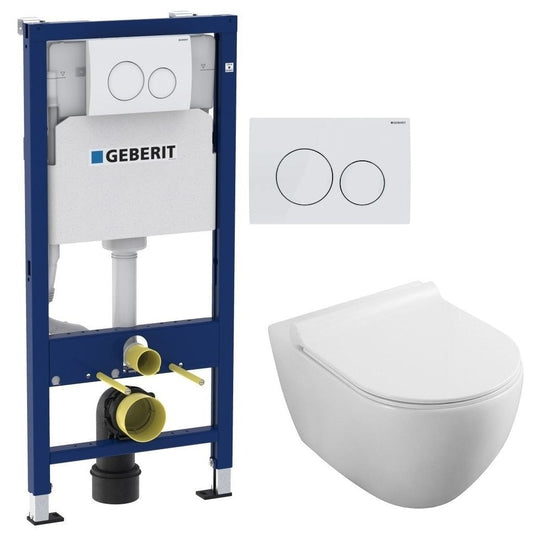 Set Promo Vas WC suspendat cu rezervor incastrat, clapeta de actionare alba, capac soft close, Geberit Delta si Fluminia Minerva 36x53 cm