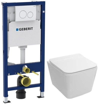 Set Promo Vas WC suspendat cu rezervor incastrat, clapeta de actionare alba, capac soft close, Geberit Delta si Fluminia Paris 37x53 cm