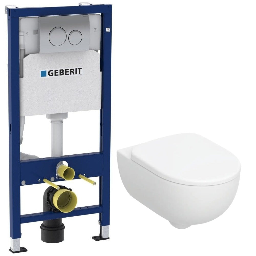 Set Promo Vas WC suspendat cu rezervor incastrat, clapeta de actionare alba, capac soft close, Geberit Delta si Selnova Round Rimfree 36x53 cm