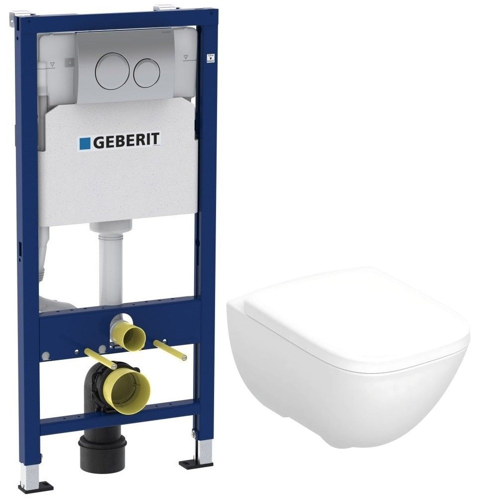 Set Promo Vas WC suspendat cu rezervor incastrat, clapeta de actionare alba, capac soft close, Geberit Delta si Selnova Square Rimfree 36x52 cm