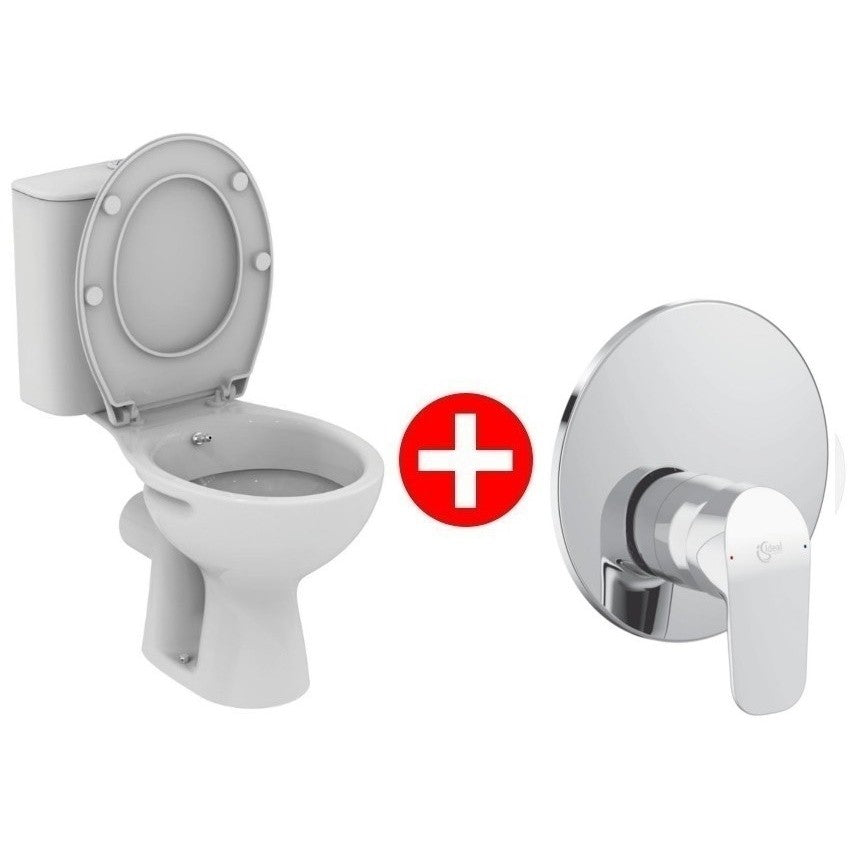 Set promo Vas WC cu bideu pe pardoseala cu rezervor aparent, baterie si capac Vidima Ulysse S 37x64 cm evacuare orizontala