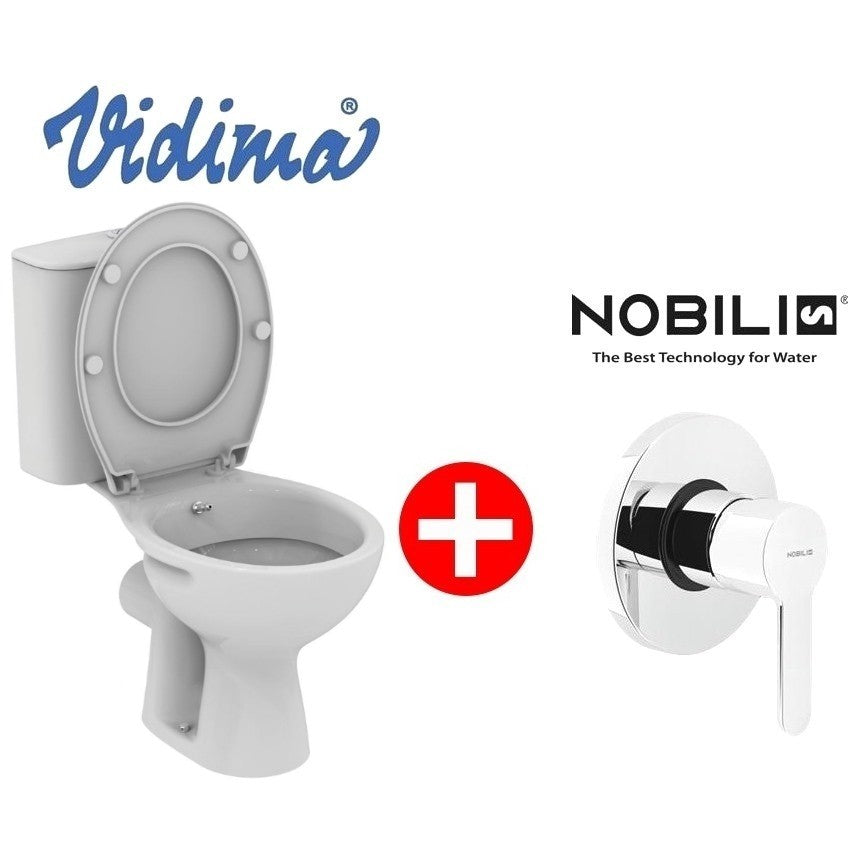 Set promo Vas WC cu bideu pe pardoseala cu rezervor aparent, baterie si capac Vidima Ulysse S 37x64 cm evacuare orizontala