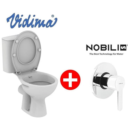 Set promo Vas WC cu bideu pe pardoseala cu rezervor aparent, baterie si capac Vidima Ulysse S 37x64 cm evacuare orizontala