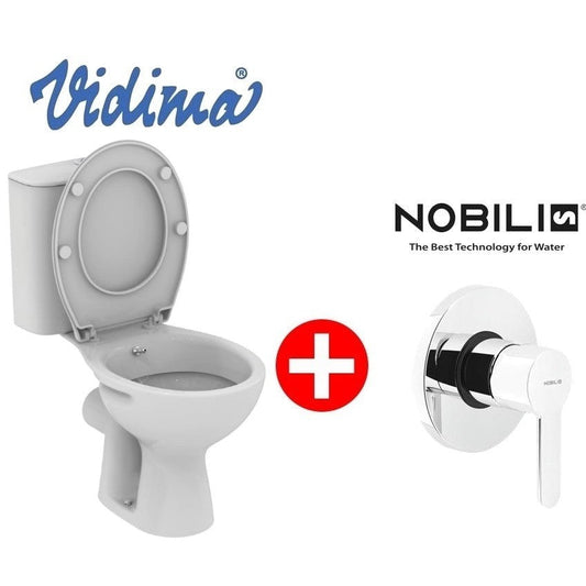 Set promo Vas WC cu bideu pe pardoseala cu rezervor aparent, baterie si capac Vidima Ulysse S 37x64 cm evacuare orizontala