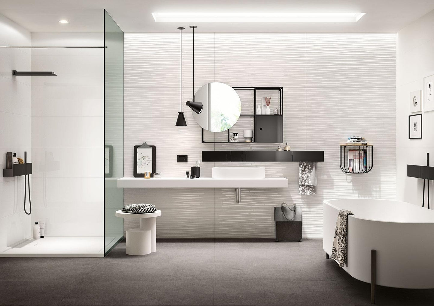 Faianta baie / bucatarie rectificata alba 40x120 cm, Marazzi Essenziale Struttura Wave 3D Lux
